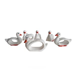 Swan & Ducks White Ceramic Napkin Rings x 6